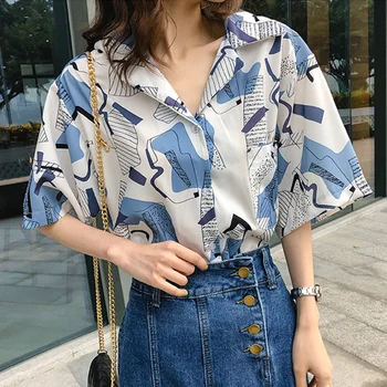 Femei Camasa Casual De Vara Harajuku Imprimare Maneca Scurta Tricouri Femei Blusas Topuri Retro Imprimare Șifon Bluze