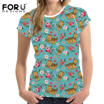 FORUDESIGNS Animal tricou tricouri Femei O-Neck Floral Yorkie de Imprimare t tricoul pentru Femei Fete Kawaii Topuri Tee Rece de Dimensiuni Mari