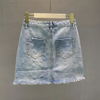 De Vară 2020 Slim Denim Fusta Femei Fuste Greu Cu Margele Stras Ciucure De Sex Feminin Cu Un Pas Scurt Fusta Mini Jean Jupe Mujer