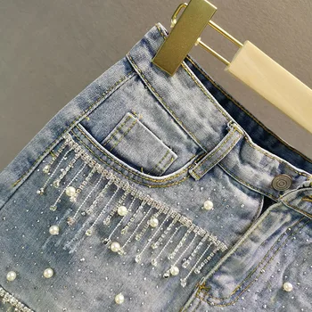 De Vară 2020 Slim Denim Fusta Femei Fuste Greu Cu Margele Stras Ciucure De Sex Feminin Cu Un Pas Scurt Fusta Mini Jean Jupe Mujer