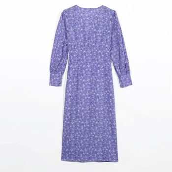 XNWMNZ de Moda de Înaltă calitate butonul frontal rochie Adânc V gâtului Curmat talie vestidos Rochie Midi Slim Purple Floral Rochii Casual