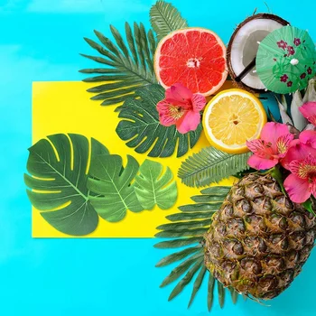 48PCS Jungle Beach Tema Decoratiuni Artificiale Frunze de Palmier si broasca Testoasa Frunze de Ferigă cu Stem pentru Petrecere Hawaiian