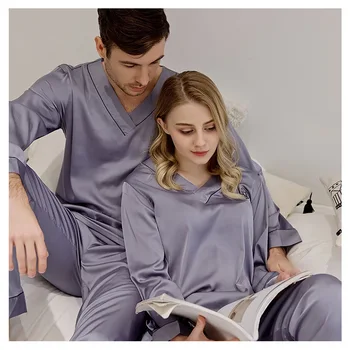 Mătase Cupluri Pijamale V-gât cu mâneci Lungi și Pantaloni Lungi Costum Brodat Decor Seturi de Haine de Acasă Pijama Satin