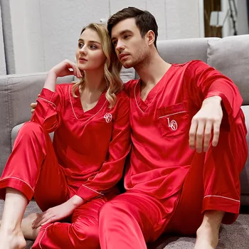 Mătase Cupluri Pijamale V-gât cu mâneci Lungi și Pantaloni Lungi Costum Brodat Decor Seturi de Haine de Acasă Pijama Satin