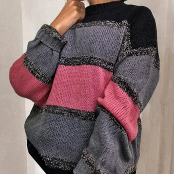 2020 Femei de Moda cu mâneci Lungi Kintwear Casual cu Dungi Pulover Mozaic Tricotate Pulover Gât Rotund Topuri Largi Ropa Mujer#g3