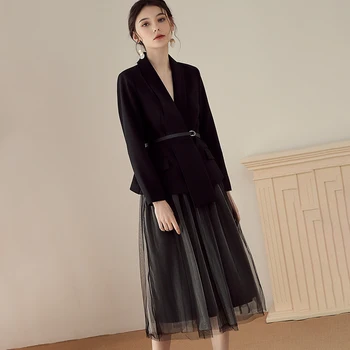 Max Spri 2020 Noua Moda Mâneci Lungi Sacou cu Centura de Plasă a-Line Fusta Neagra Office Femei din Două Piese Seturi de Costume