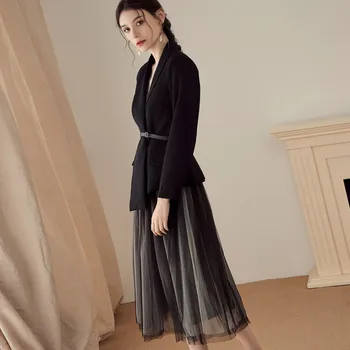 Max Spri 2020 Noua Moda Mâneci Lungi Sacou cu Centura de Plasă a-Line Fusta Neagra Office Femei din Două Piese Seturi de Costume