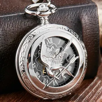 Retro Vintage Gol The Hunger Games Mockingjay Mockingbird Cuarț Ceas de Buzunar Colier Lanț Moda de Argint relogio de bolso