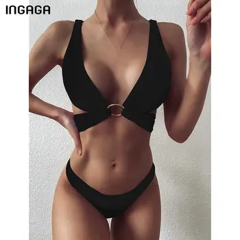 INGAGA Împinge în Sus Bikini Costume de baie 2021 Costume de baie Femei Crucea Bandaj Biquini Inel Costum de Baie Femei Negru Costum de baie amatori de Scăldat