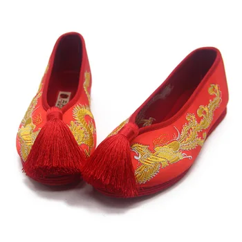 Femei Vintage Apartamente Mireasa Pantofi Roșii Chineze De Mireasa Satin Brodate Ciucure Naționale Respirabil Dans Unic De Pantofi De Balet Femeie