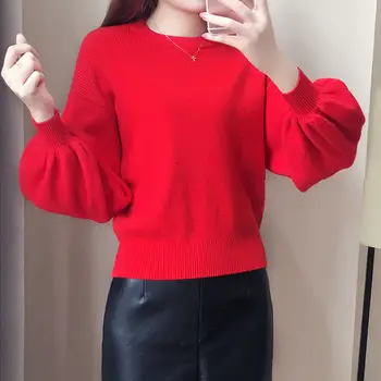 Pulover roșu Femei Vrac 2020 Primăvara Și Toamna Îmbrăcăminte coreeană Versiunea De Bază Tricou Tricou Felinar Pulover cu Maneci Scurte