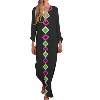 Femei Print V-neck Side Slit Rochii Boeme Schimbare Boho Maxi DressWomen moda de cusut rochie de imprimare