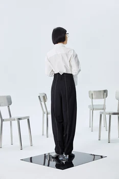 [MEM] Talie Mare Negru Plisată Split Comun Lungi Largi Picior Pantaloni Noi Vrac se Potrivi Pantaloni Femei Moda Primavara Toamna anului 2021 1S982