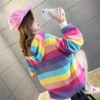 2021 Colorate Rainbow Stripe Harajuku Casual Hanorace Hanorac Bluze Pulovere de sex Feminin Subțire Vrac Plus Size 2XL Moda coreeană