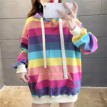 2021 Colorate Rainbow Stripe Harajuku Casual Hanorace Hanorac Bluze Pulovere de sex Feminin Subțire Vrac Plus Size 2XL Moda coreeană