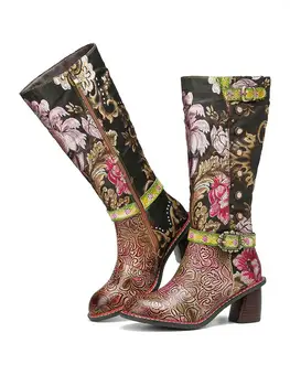 SOCOFY Pantofi Elegante Flori Gratioase Pânză Splicning Print din Piele Confortabil Cald Indesata Toc de la Jumătatea vițel Cizme Cizme de Iarna pentru Femei 2020