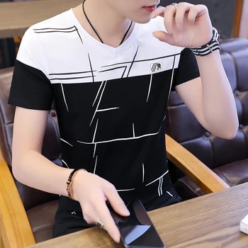 Bărbați mânecă scurtă T - shirt 2019 noi de vara V - neck coreean jumătate maneca de vară de moda pentru bărbați de personalitate haine de bumbac