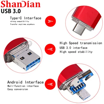 SHANDIAN OTG 3 in 1 USB Flash Drive USB3.0 & Type-C & Micro USB de 128GB 64GB 32GB 16GB 8GB 4GB Pendrives Dual Pen Drive Cle USB