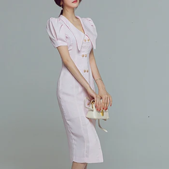 New sosire moda rochie de creion femei elegante de vara puff maneca guler de papusa OL temperament stil de lucru solid slim split rochie