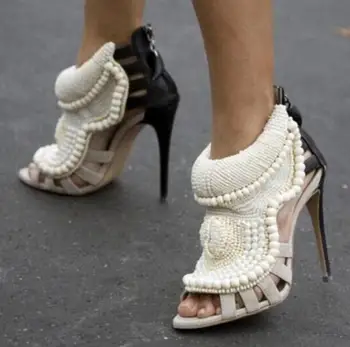 Kaeve Vara Sexy Peep Toe Handmade Margele Perla Pantofi Cu Toc Sandale Gladiator Pentru Femei De Moda Scurt Glezna Cizme Sandale