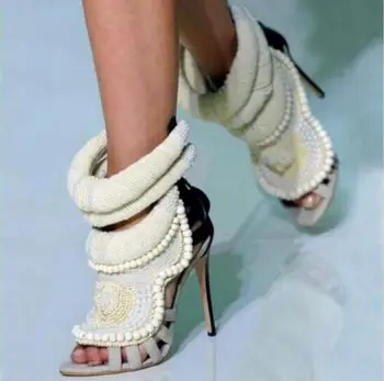 Kaeve Vara Sexy Peep Toe Handmade Margele Perla Pantofi Cu Toc Sandale Gladiator Pentru Femei De Moda Scurt Glezna Cizme Sandale