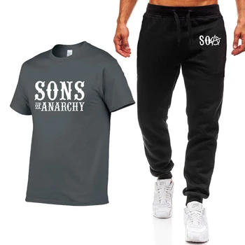 Hot TV SOA Sons of Anarchy Cosplay Costum Mens T-shirt SAMCRO Craniu de Imprimare de înaltă calitate din Bumbac cu maneci Scurte T Shirt+pantaloni costum