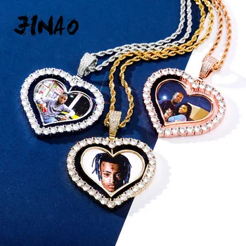 JINAO Nou in Forma de Inima Personalizat cu Fotografie Rotire Verso Medalion Pandantiv Colier Cu 4mm de Tenis Lanț Zircon Bijuterii Hip Hop