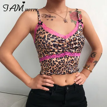 IAMHOTTY y2k Dantela Leopard Print Crop Topuri Femei fără Mâneci Sexy Petrecere Clubwear Tinutele anilor ' 90 Estetice Mulgătoare de Sus Corset Feminin