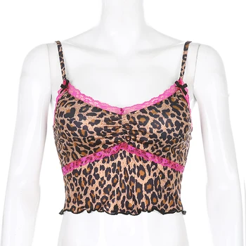 IAMHOTTY y2k Dantela Leopard Print Crop Topuri Femei fără Mâneci Sexy Petrecere Clubwear Tinutele anilor ' 90 Estetice Mulgătoare de Sus Corset Feminin