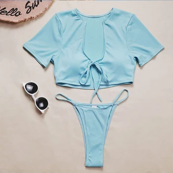 Într-X Brazilian bikini 2021 mâneci Scurte de costume de baie femei Albastru cu dungi de costume de baie femei Nod costum de baie gât Înalt biquini