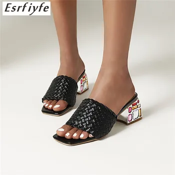 ESRFIYFE 2020 Nou Sexy Diamant Cap Pătrat cu Toc Papuci de Vară de Moda de Cristal Tocuri Slide-uri de Femei Catâri Pantofi de Mari Dimensiuni