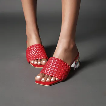 ESRFIYFE 2020 Nou Sexy Diamant Cap Pătrat cu Toc Papuci de Vară de Moda de Cristal Tocuri Slide-uri de Femei Catâri Pantofi de Mari Dimensiuni