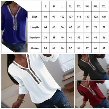 Plus Dimensiune Femei V-neck Șifon Paiete Albe de Vara Tricouri Bluze Casual cu Maneci Lungi Moda Noua Topuri Largi Sequin Top Tricouri
