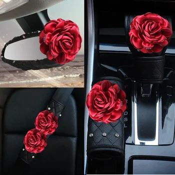 Trandafir Rosu Floare De Cristal Centura De Scaun Auto Acoperi Frâna De Mână Schimbator Acoperă Stras Pad Umăr Femei Auto Accesorii De Interior