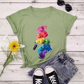 Vara din Bumbac pentru Femei T-Shirt 5XL Plus Dimensiune 3D Drăguț Deget Vopsea de Unghii de Culoare de Imprimare Maneca Scurta Femei Tee Topuri Casual, O-Neck Tricou