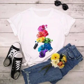 Vara din Bumbac pentru Femei T-Shirt 5XL Plus Dimensiune 3D Drăguț Deget Vopsea de Unghii de Culoare de Imprimare Maneca Scurta Femei Tee Topuri Casual, O-Neck Tricou