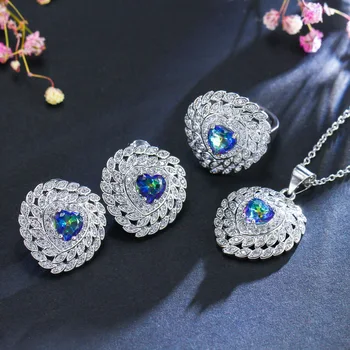 CWWZircons Mistic Albastru de Cristal Seturi de Bijuterii in Forma de Inima, Inele Colier și Cercei Set pentru Femei de Moda Dragoste Cadouri T006