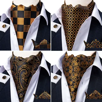 Bărbați Vintage Floral Paisley Aur Negru De Nunta Formale Cravată Ascot Scrunch Auto Cravată Stil Britanic De Lux Mătase Gât Cravată DiBanGu