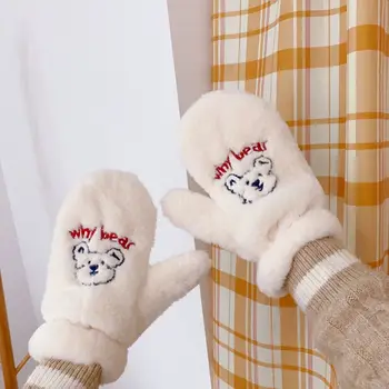 Urs Drăguț Coral Fleece Gloves Student Mănuși De Iarnă Fată Șir Moale Mănuși Adult Manusi Broderie Moda Mănuși De Cald În Aer Liber