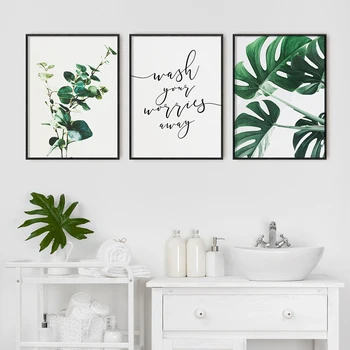 Spălați-Vă Grijile Baie Citat De Perete De Arta Canvas Print Și Poster Botanică Eucalipt Frunze De Monstera Oaspete Toaletă Imagine