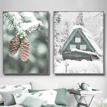 Alpii Zăpadă Casa De Munte, Cerb Pineta Copac Nordic Postere Si Printuri De Arta De Perete Panza Pictura Pe Perete Imagini Pentru Living Decorul Camerei