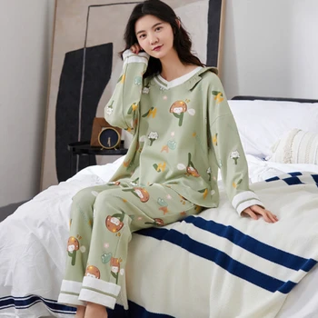 Pijamale femei toamna anului nou stil de bumbac cu mâneci lungi coreean cu mâneci lungi, pantaloni costum stil subțire excursie de acasă purta două piese sui