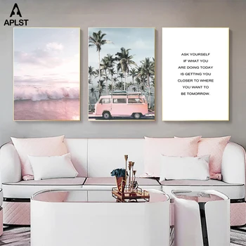 Roz Vedere La Mare Plajă Printuri Copac De Nucă De Cocos Autobuz Panza Pictura De Inspiratie Cuvintele Citate Poster De Arta De Perete Moderne Imagine Decor Acasă