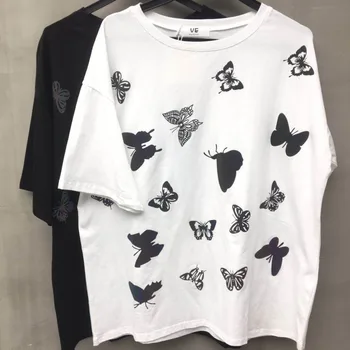 Reflectorizante Fluture de Imprimare Harajuku Alb Negru Tricou Maneca Scurta Top Tee Strada Moda Femei T-shirt cea mai bună prietenă a se Potrivi Hainele