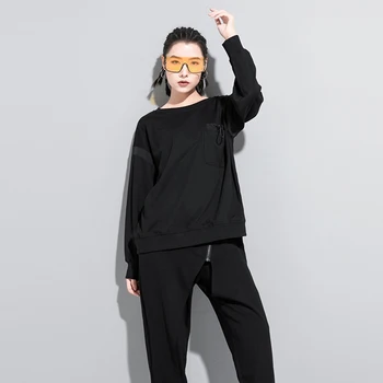 [MEM] Femei Negru Spate Panglică Împărțită în Comun de Mare Dimensiune T-shirt Noi Gât Rotund Maneca Lunga Mareea Moda Primavara Toamna anului 2021 1Z204