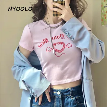 NYOOLO stil Harajuku inima aripi litere Gotice print Slim maneca scurta de culoare roz T-shirt femei de vară 2020 O-neck tee shirt topuri