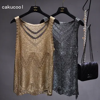 Cakucool new Gold Lurex tricotate haine de Vară Gol Găuri Sexy Rezervor de Top camis Bling Bază Bretele haine Vintage pentru femei