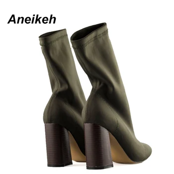 Aneikeh 2021 Moda Armata Verde Întinde Glezna Cizme Tocuri Femei Pătrat Scurt Papuceii a Subliniat Toe 8.5 CM Pantofi de Înaltă 35-41