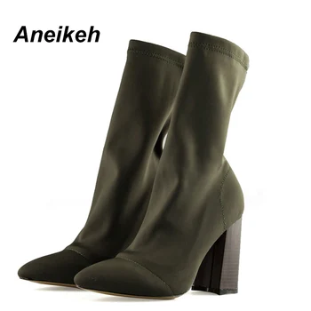 Aneikeh 2021 Moda Armata Verde Întinde Glezna Cizme Tocuri Femei Pătrat Scurt Papuceii a Subliniat Toe 8.5 CM Pantofi de Înaltă 35-41