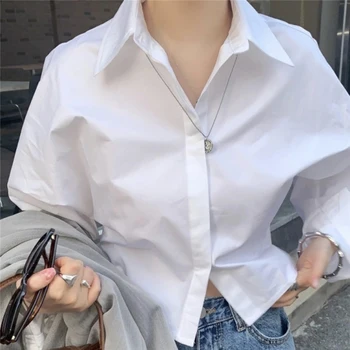 BGTEEVER Moda Scurte, Cămăși Albe, pentru Femei Guler de Turn-down Complet Maneca Feminin Tricouri Bluze 2020 Vrac Femei Topuri Blusas